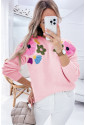 Pink Knitted Flower Pattern Ribbed Edge Sweater