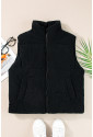 Black Corduroy Stand Neck Zipped Puffer Vest