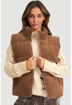 Corduroy Stand Neck Zipped Puffer Vest