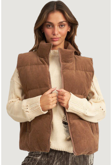 Corduroy Stand Neck Zipped Puffer Vest