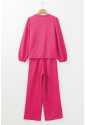 Pink Textured Puff Sleeve Top and Pants Set MICHALA