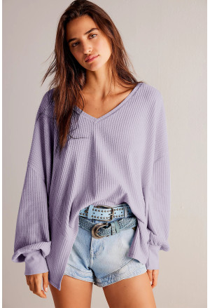 Waffle V Neck Long Sleeve Drop Shoulder Loose Blouse