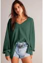 Waffle V Neck Long Sleeve Drop Shoulder Loose Blouse