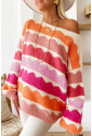 Rose Red Wave Striped Balloon Sleeve Drop Shoulder Sweater