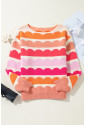 Rose Red Wave Striped Balloon Sleeve Drop Shoulder Sweater