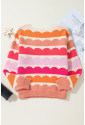 Rose Red Wave Striped Balloon Sleeve Drop Shoulder Sweater