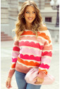 Rose Red Wave Striped Balloon Sleeve Drop Shoulder Sweater