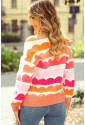 Rose Red Wave Striped Balloon Sleeve Drop Shoulder Sweater