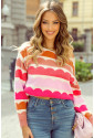 Rose Red Wave Striped Balloon Sleeve Drop Shoulder Sweater