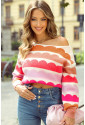 Rose Red Wave Striped Balloon Sleeve Drop Shoulder Sweater