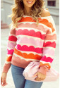 Rose Red Wave Striped Balloon Sleeve Drop Shoulder Sweater