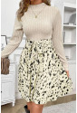 Beige Ribbed Knit Patchwork Belted A-line Dress