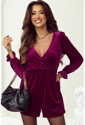 Velvet Surplice Neck Ruffled Sleeve High Waist Romper