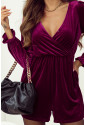 Velvet Surplice Neck Ruffled Sleeve High Waist Romper