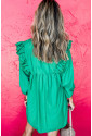 Green Embroidered Ruffled Trim 3/4 Sleeve V Neck Mini Dress