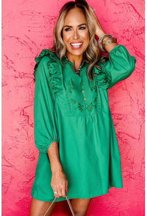 Green Embroidered Ruffled Trim 3/4 Sleeve V Neck Mini Dress