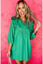 Green Embroidered Ruffled Trim 3/4 Sleeve V Neck Mini Dress