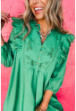 Green Embroidered Ruffled Trim 3/4 Sleeve V Neck Mini Dress