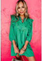 Green Embroidered Ruffled Trim 3/4 Sleeve V Neck Mini Dress