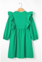 Green Embroidered Ruffled Trim 3/4 Sleeve V Neck Mini Dress