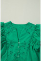 Green Embroidered Ruffled Trim 3/4 Sleeve V Neck Mini Dress