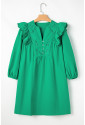 Green Embroidered Ruffled Trim 3/4 Sleeve V Neck Mini Dress