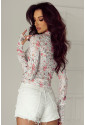 Pink Floral Long Sleeve High Neck Sheath Mesh Blouse