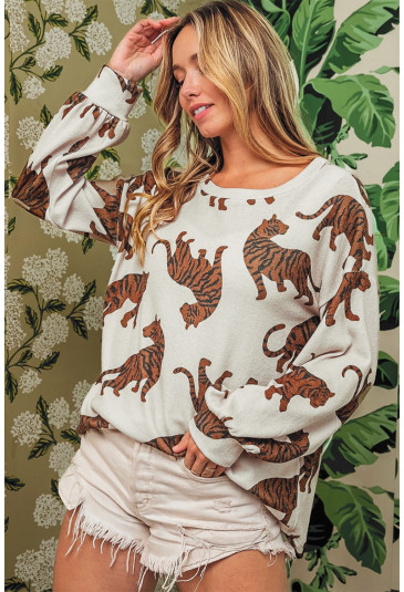 White Lively Tiger Print Casual Sweatshirt