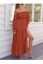 Orange Off Shoulder Balloon Sleeve Cutout Ruffled Maxi Dress