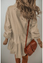 Tan Puff Sleeve Buttoned Tiered Pleated Shirt Mini Dress