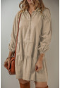 Tan Puff Sleeve Buttoned Tiered Pleated Shirt Mini Dress