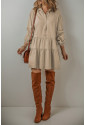 Tan Puff Sleeve Buttoned Tiered Pleated Shirt Mini Dress