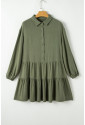 Puff Sleeve Buttoned Tiered Pleated Shirt Mini Dress