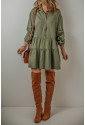 Puff Sleeve Buttoned Tiered Pleated Shirt Mini Dress