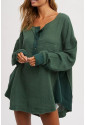 Green Textured Waffle Knit Patchwork Buttoned Neck Loose Blouse