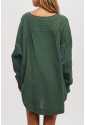 Green Textured Waffle Knit Patchwork Buttoned Neck Loose Blouse