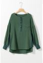 Green Textured Waffle Knit Patchwork Buttoned Neck Loose Blouse