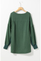 Green Textured Waffle Knit Patchwork Buttoned Neck Loose Blouse