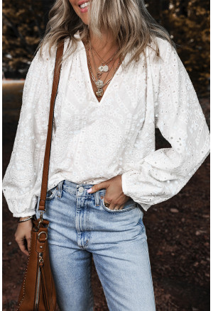 White Eyelet Embroidered V Neck Puff Sleeve Blouse