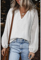 White Eyelet Embroidered V Neck Puff Sleeve Blouse