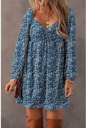 Blue Floral Print Sweetheart Neck Shirred Back Mini Dress