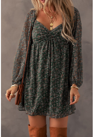 GReen Floral Print Sweetheart Neck Shirred Back Mini Dress