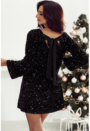 Black Sequin Long Sleeve Knot Cutout Back Mini Dress