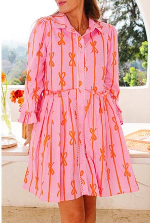 Pink Bowknot Striped Printed Tiered Ruffled Mini Shirt Dress