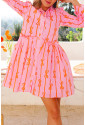 Pink Bowknot Striped Printed Tiered Ruffled Mini Shirt Dress