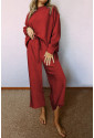 Red Pleated Long Sleeve Shirt and Wide-Leg Pants Set