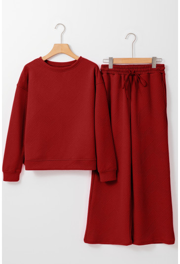 Red Pleated Long Sleeve Shirt and Wide-Leg Pants Set