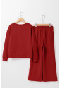 Red Pleated Long Sleeve Shirt and Wide-Leg Pants Set