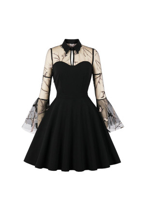 Gothic Black See-through Mesh Embroidered Flare Sleeve Vampire A-line Dress