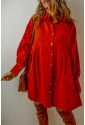 Tomato Red Bishop Sleeve Button Up Pleated Mini Shirt Dress